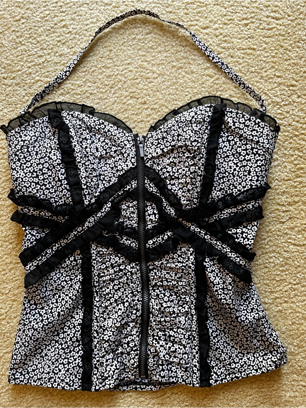 Bebe Y2K Vintage Black & White Floral Lace-Trim Bustier Top